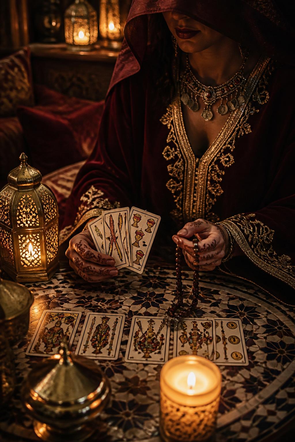 يد هند تحمل أوراق التاروت المغربي